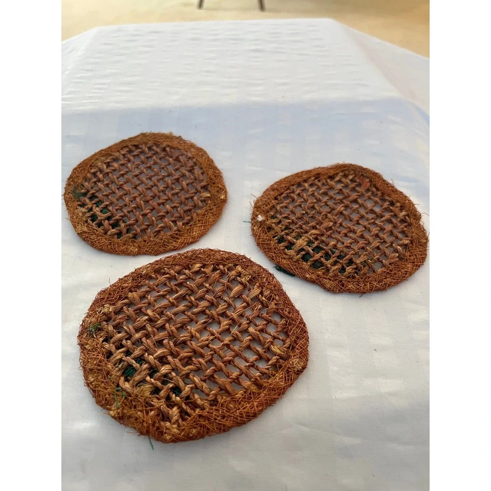 Vtg 70s Woven Straw Coasters Set 3 Green Dragonfly Boho Tiki Decor